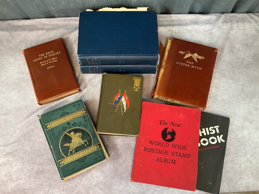 1800's Books on Custer and Others: 1876 Complete Life of Gen. George Custer by Frederick Whittaker, with illustrations. Poor condition, spine separation and heavy wear to cover. 1887 Tenting on the Plains by Elizabeth Custer with illus
