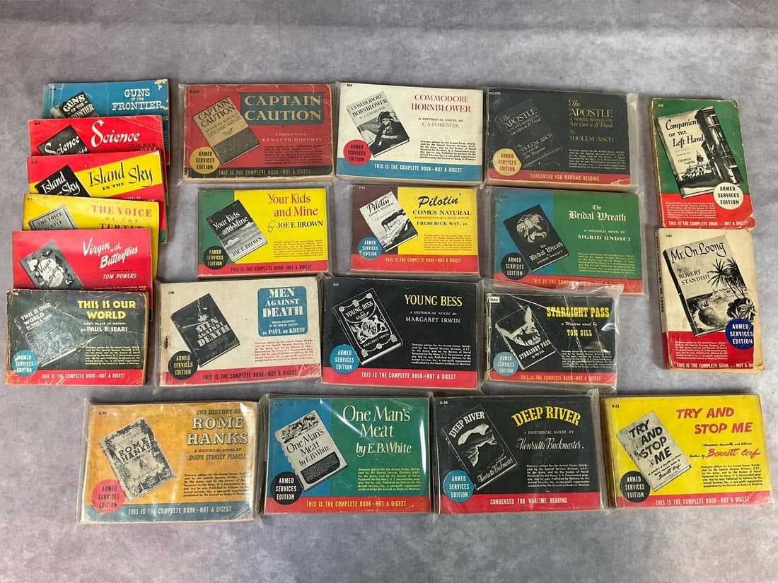 1940's Armed Services Edition Pocket Novels: 21 novels, some are sleeved. All in fair condition with creasing and one book is missing the back cover.