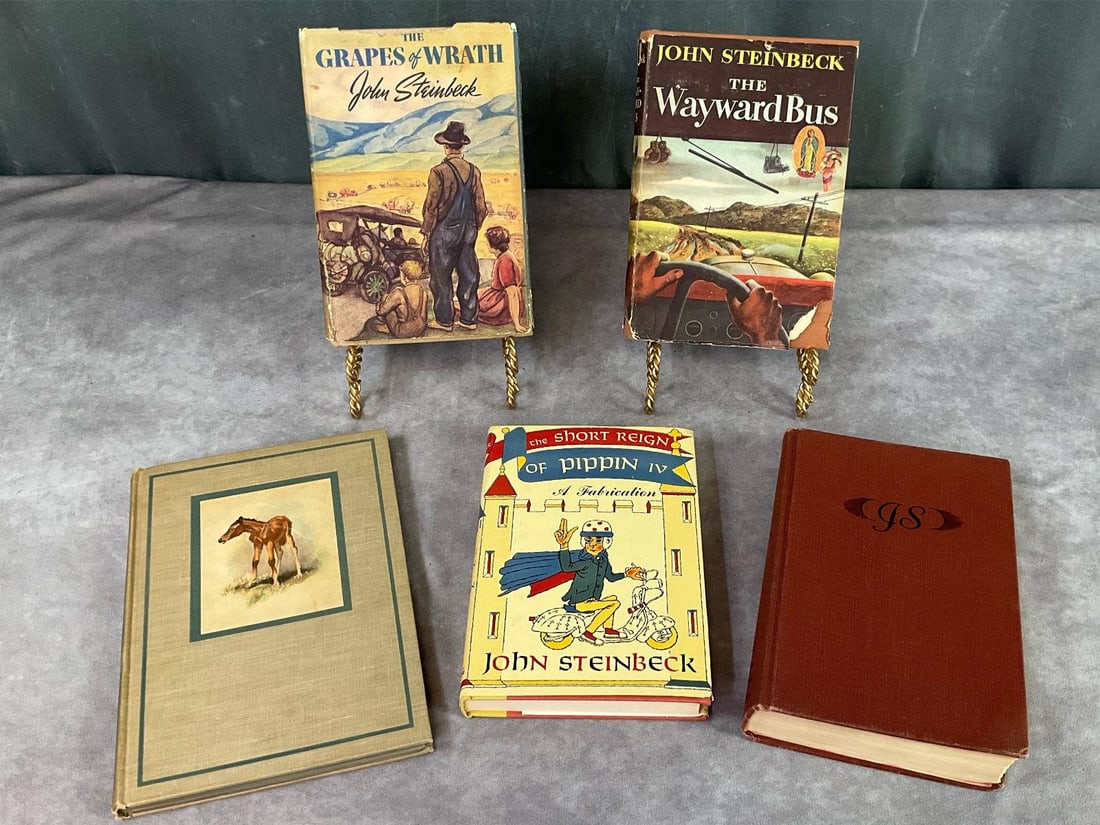 John Steinbeck Books: 1940 Grapes of Wrath, 1947 Wayward Bus, 1957 Short Reign of Pippin IV, 1945 The Red Pony, 1953 Sort Novels of John Steinbeck. All in good reading condition. Three have original dust jackets, some tear