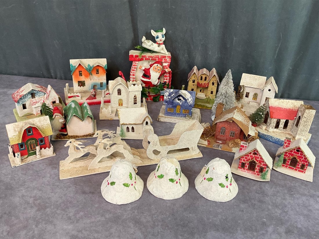 Christmas Putz Houses & More: Plastic Santa in fireplace is 9 inches tall, some damage to Santa and the reindeer is loose. Thirteen vintage Japan Putz houses. The house with Santa outside and in window is 5 inches tall, damage to 