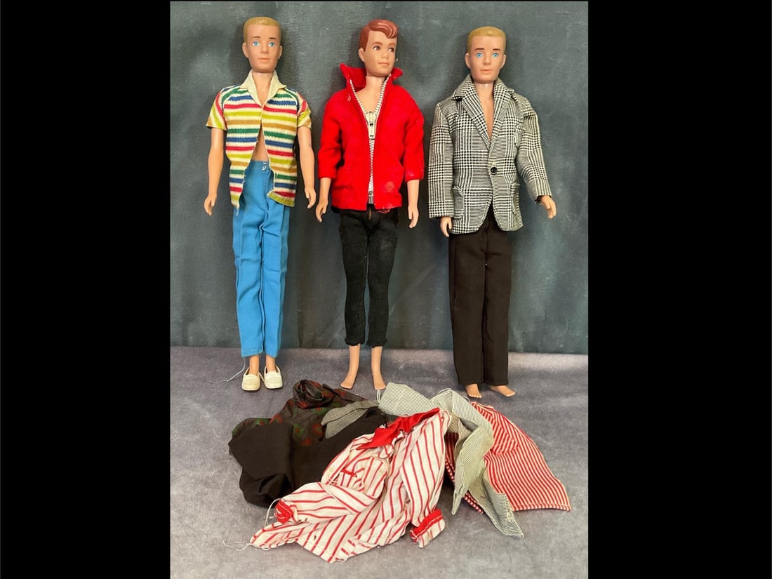 Mattel Ken and Alan Dolls and Clothing: Two 1960's Ken dolls and one 1960 Alan doll. All three are 12 inches tall. Some of the clothes are with original tags including one designed by Oleg Cassini. One pair of shoes. Other pieces are homema