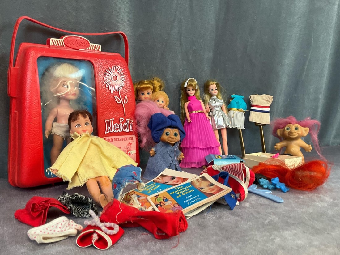 Vintage 1960's Dolls and Trolls: Includes Heidi Pocketbook doll and carrying case. Case is nine inches tall. Buffy and Mrs. Beasley six inch poseable doll and six inch poseable doll marked 1965 Made in Japan. Two six inch Dawn dolls 