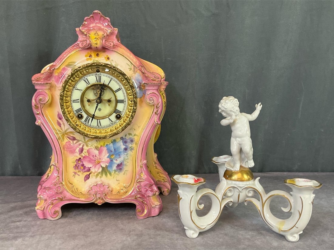 1880's Ansonia Porcelain Mantel Clock & More: Royal Bonn Germany La Mine clock. Patented date 1882. The face glows under black light. Marked on back. Has pendulum but no key. Some crazing in spots. It measures 14.5 inches tall x 11.5 inches wide 