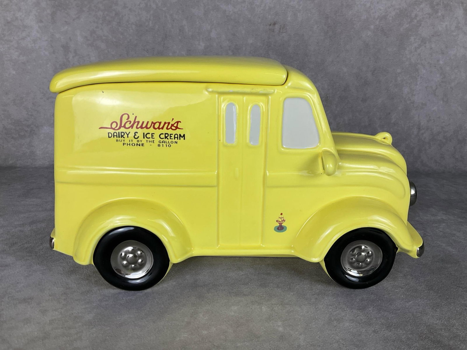 Schwan's Ice Cream Truck Cookie Jar: First edition 1950 replica delivery truck cookie jar. With certificate of authenticity. Number 3383/5000. There are some edges on the jar where paint was thinly applied, white can be seen on some spot