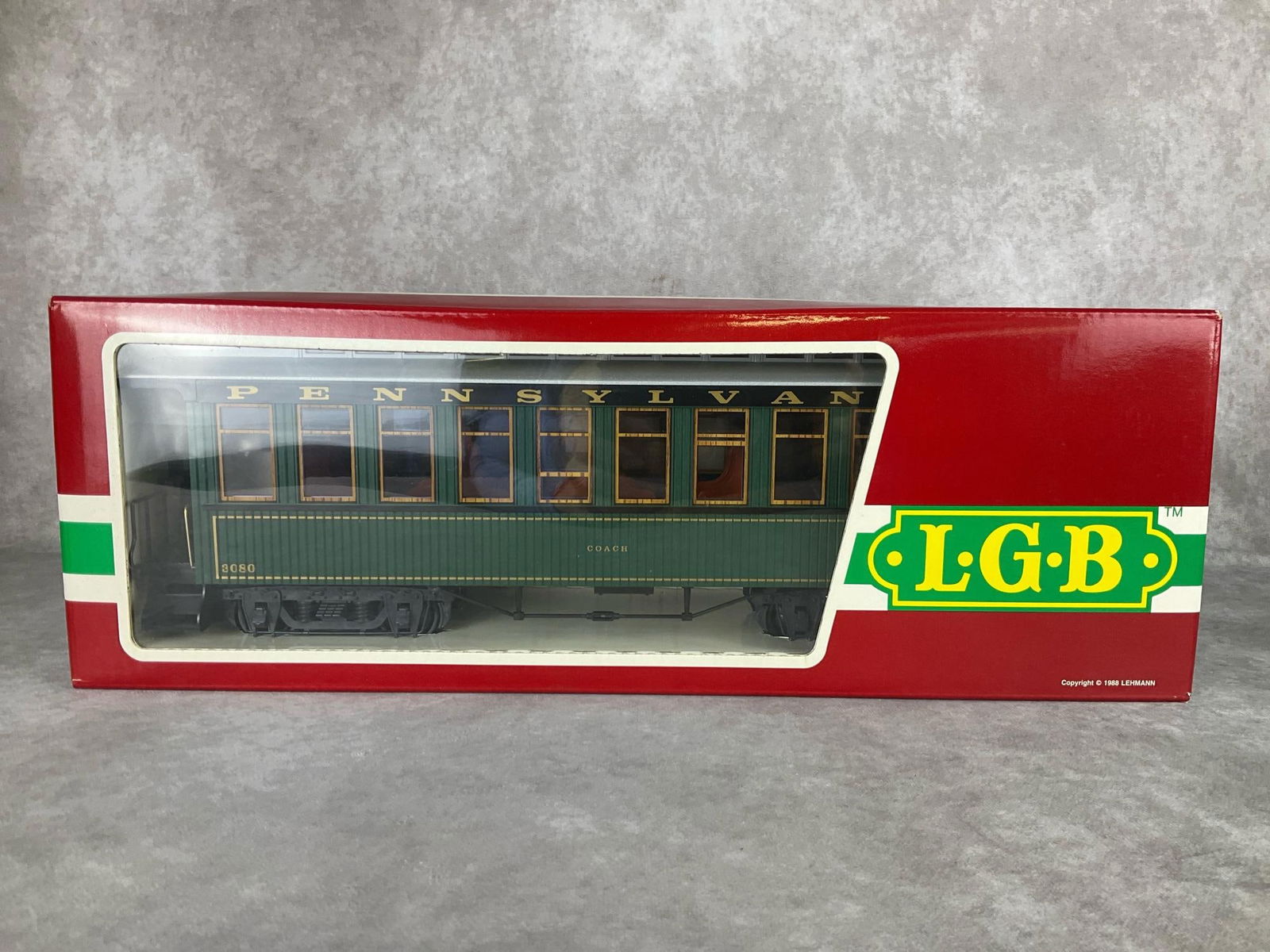 Lehmann Gross Bahn G Scale Big Train: Pennsylvania passenger car. 3080-E 01. Train appears to be new in the box. Includes outer cardboard sleeve.
