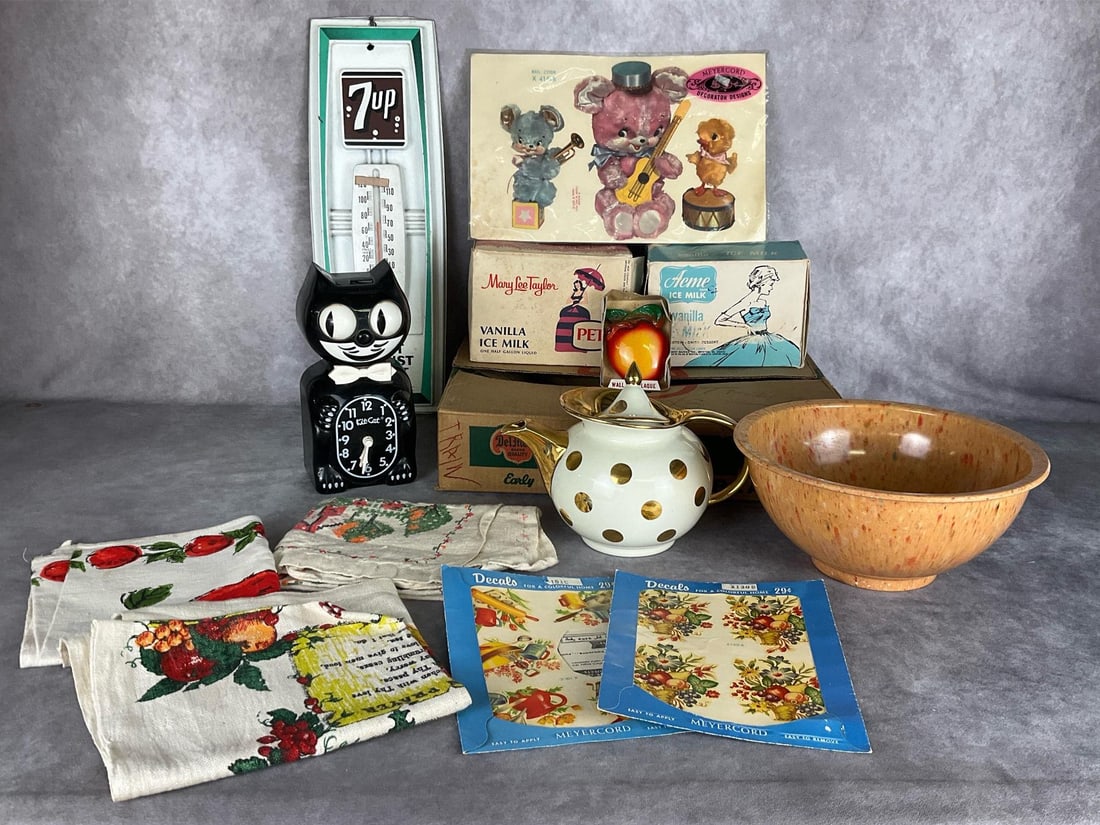 Retro Kitchen Items: Hall gold polka dot tea pot, USA made confetti melamine bowl, 1960's ice cream cartons, Meyercord decals, and more. 7-Up thermometer is plastic in fair condition. Kit Kat wall clock is newer and missi