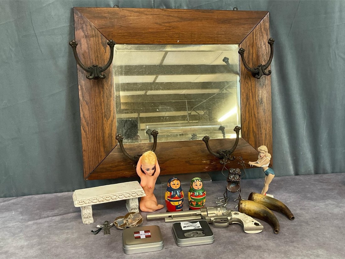 1920's Mirrored Coat Rack & More: Oak with metal hooks, some scuffs and splitting at joints, 19.5 inches tall x 23.5 inches wide. Two small powder horns, no stoppers. Hubley Texan cap gun, broken handles and barrel is loose and missin