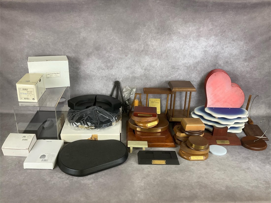 Hummel Stands & Bases: Includes stands for Valentine Gift, Smiling Through, Two Little Drummers, Land In Sight, and many more. Several are scratched, shelfworn, and dusty but most in good condition.