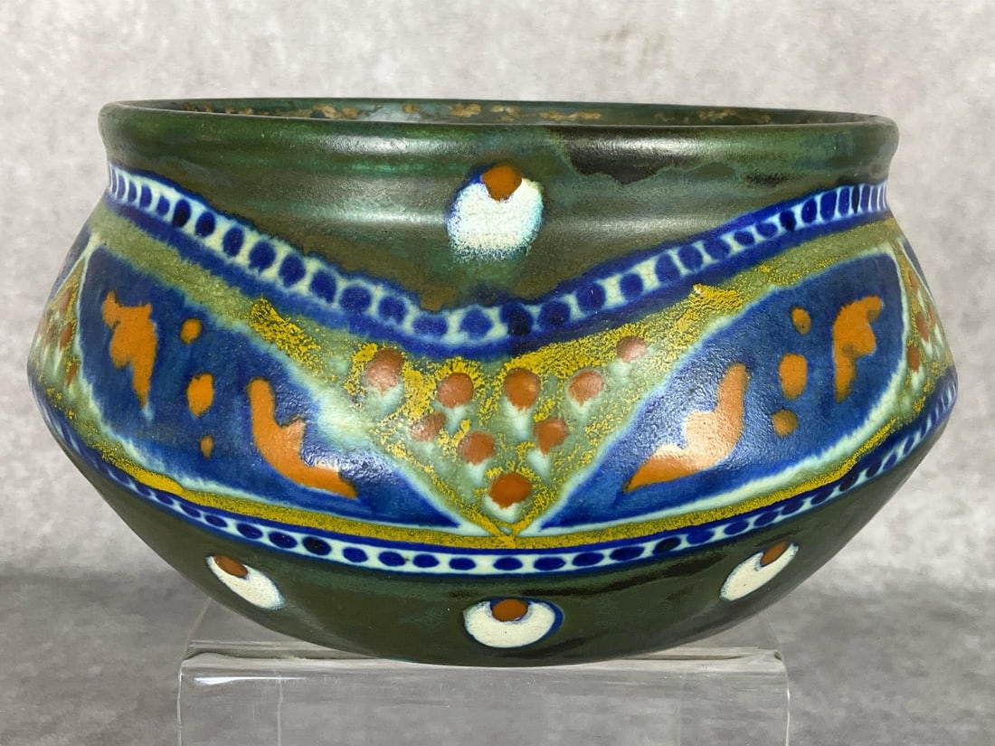 Gouda Holland Pottery Dish Garden Planter: Artist signed on bottom and Gouda Holland. Stamped 948. Crazing on the bottom and one barely hairline crack. Signs of having been used as a planter with wear and deposits to the inside. 6.5 inches wid