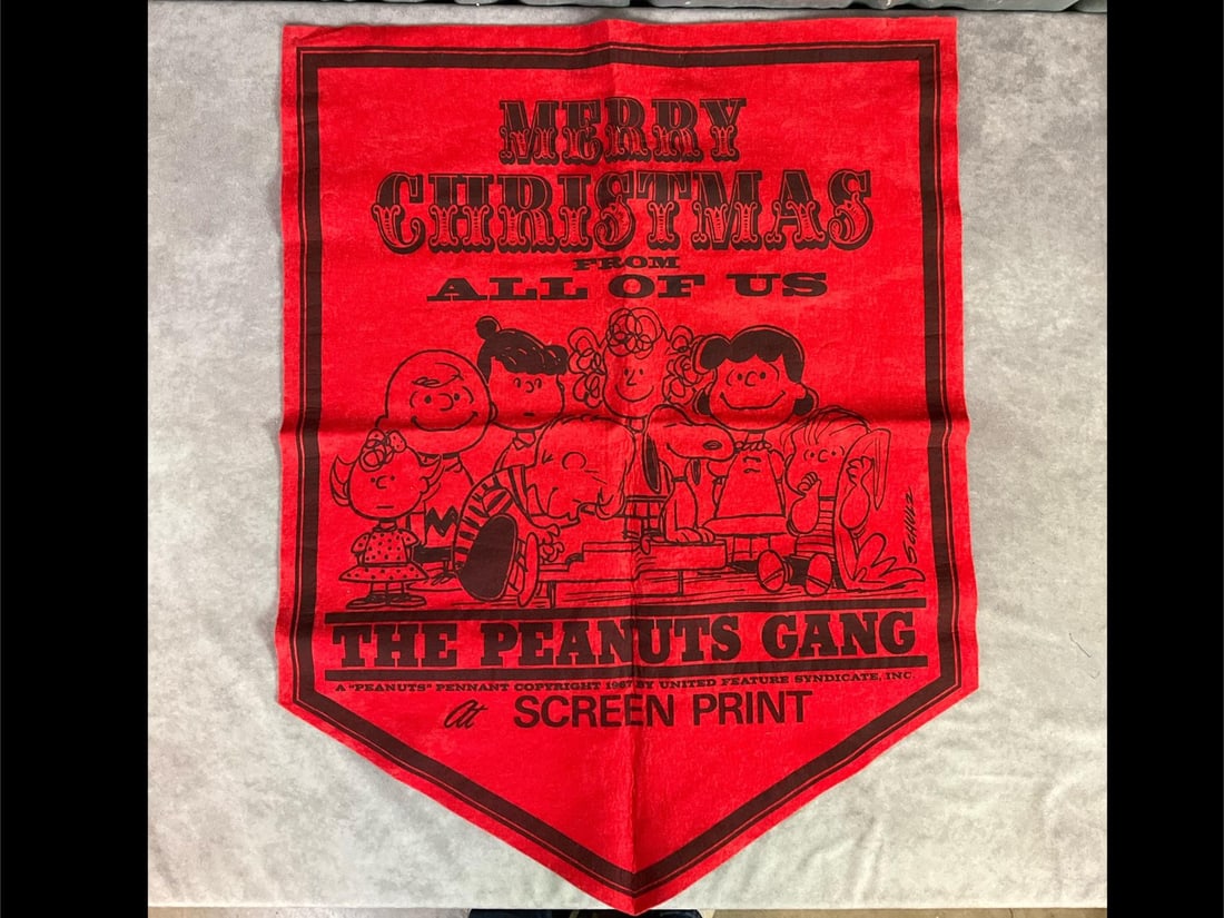Felt Peanuts Christmas Banner: 1967 Merry Christmas pennant, 29 x 22.5 inches, good condition. Two pin holes at the top.