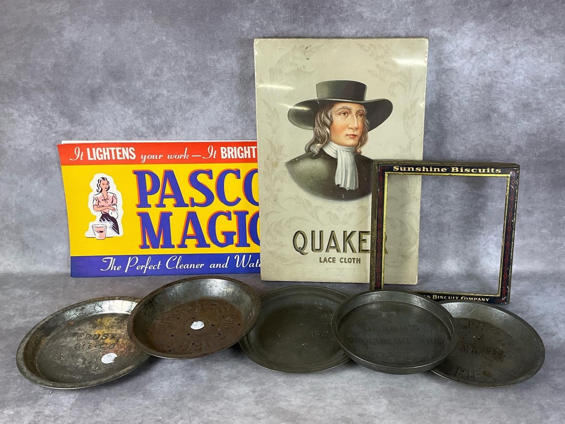 Vintage Home Goods Collectibles: Quaker Lace Cloth box only which has been shrink wrapped but exhibits some staining and wear, and a 22.25 x 11 inch Pasco Magic cleaner advertising poster with bright graphics in overall good conditio