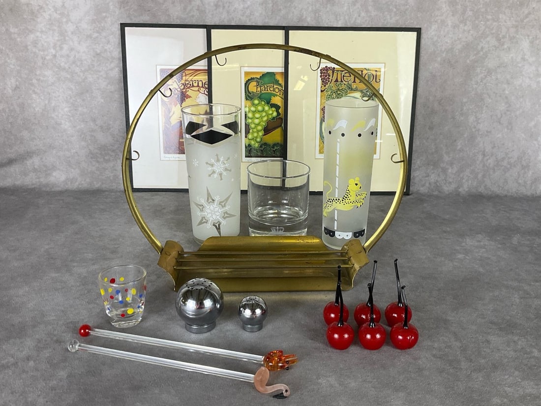 Russel Wright Chrome Shakers & More: 1930's Russel Wright for Chase salt and pepper shakers. Six glass cherries, two vintage frosted glasses, polka dot shot glass, swizzle sticks, gold tone demitasse cup hanger, Crown Royal glass, and th