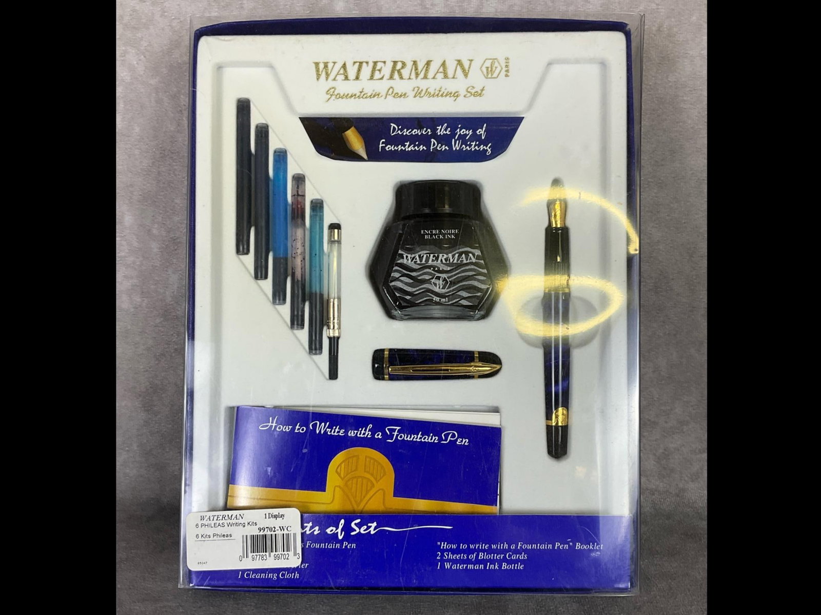 Waterman Phileas Fountain Pen Writing Set: Set is complete but it appears the ink in the cartridges has partially dried up. Pen appears unused. Packaging is dusty.