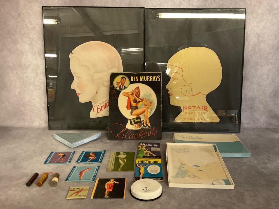 Pin Up Collectibles: Two framed 1920's-30's paperboard hair net advertising silhouettes, Ken Murray Blackouts with Earl Moran cover, Pan Cake Make Up Cream No. 2 Max Factor powder, Earl Moran cut outs from a 1944 small ca