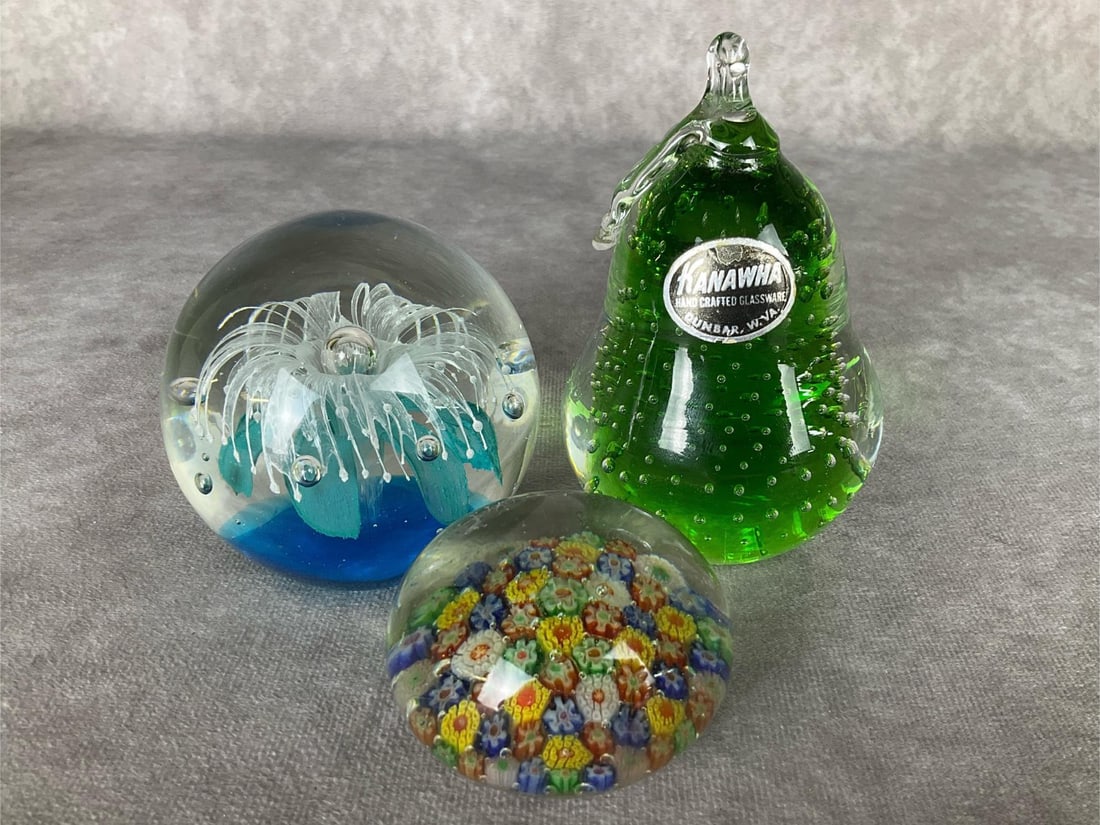 Glass Paperweights: Green controlled air bubble pair made by Kanawha Glass with foil sticker. Neither of the other two are signed. Millefiore has a few light scratches on the top, the other two are in good condition. Pea