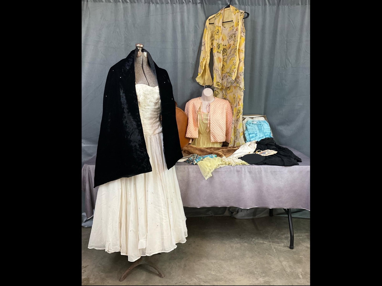 Antique & Vintage Clothes & Accessories: 1930's floral crepe dress with matching wrap, 1950's rhinestone studded prom dress with black rhinestone decorated wrap, new in gift box Miss Elaine size medium nylon pajama set, mink wrap, Luxite yel
