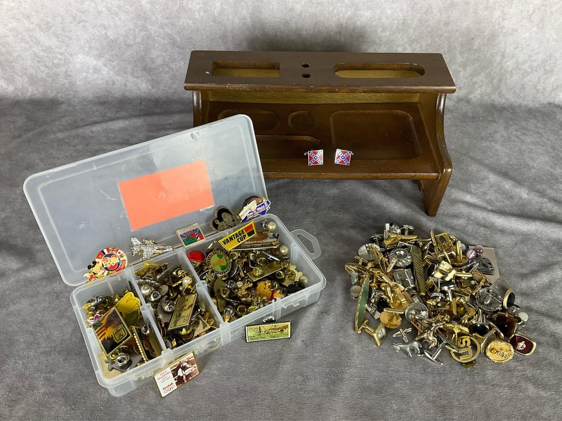 Men's Jewelry: Tie tacks, cuff links and lapel pins. Pins include Star Wars, Olympics, State pins, postal, Lions Club, Disney, Christmas and more. Pair of Confederate flag cufflinks. Wooden shelf for men's dresser. 