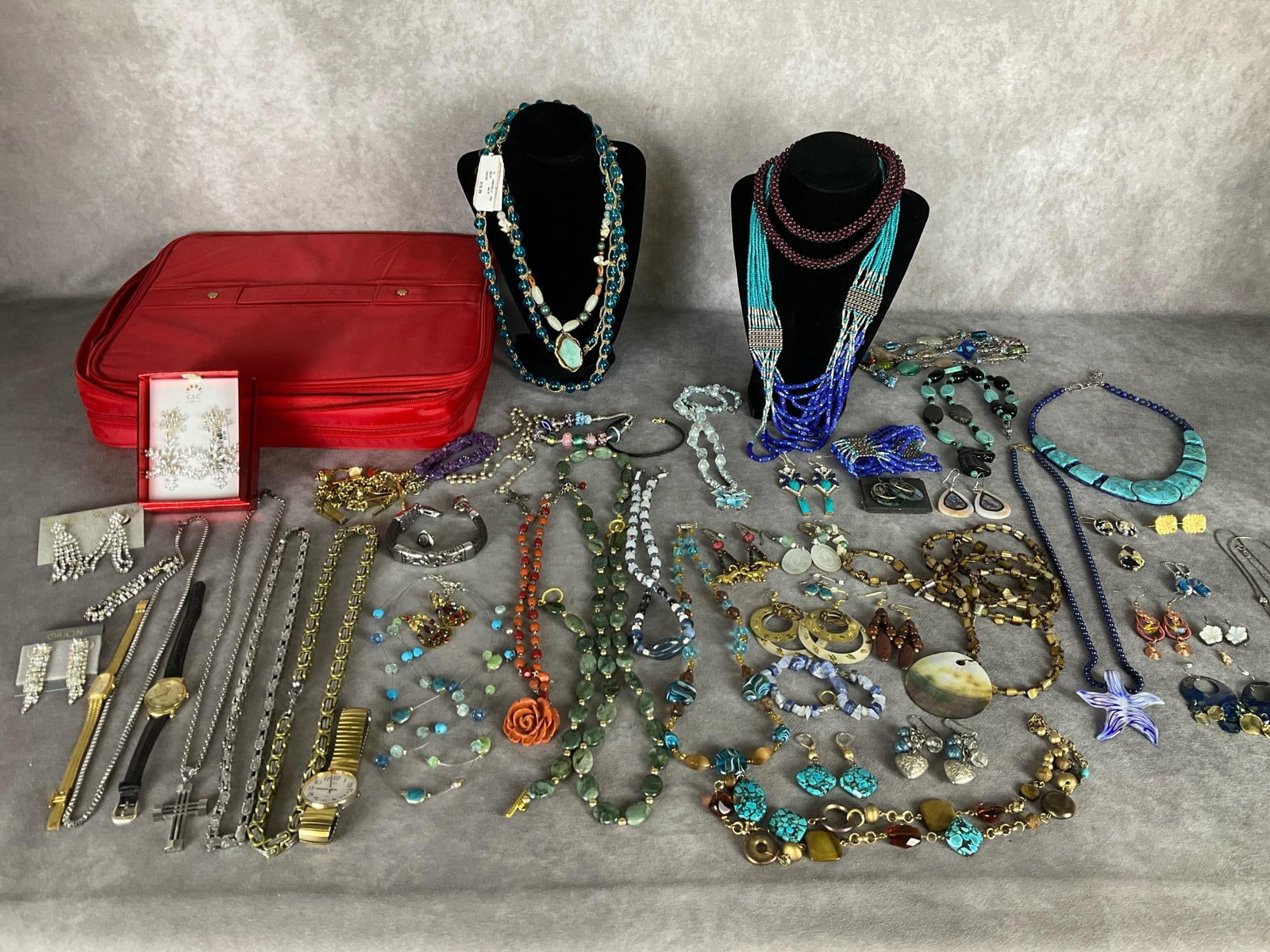 Fashion Jewelry: Beaded necklaces and bracelets, pierced earrings, wristwatches, etc. All earrings do have matches. Two stainless steel bicycle chain necklaces. Most pieces are in very good condition. Watches are not 