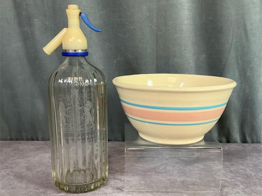McCoy Mixing Bowl & Seltzer Bottle: Size eight pink and blue band mixing bowl, 4 inches tall x 8 inches in diameter, some crazing and stain to the inside of the bowl. Hooper Struve seltzer bottle, some chips to ridges of bottle.