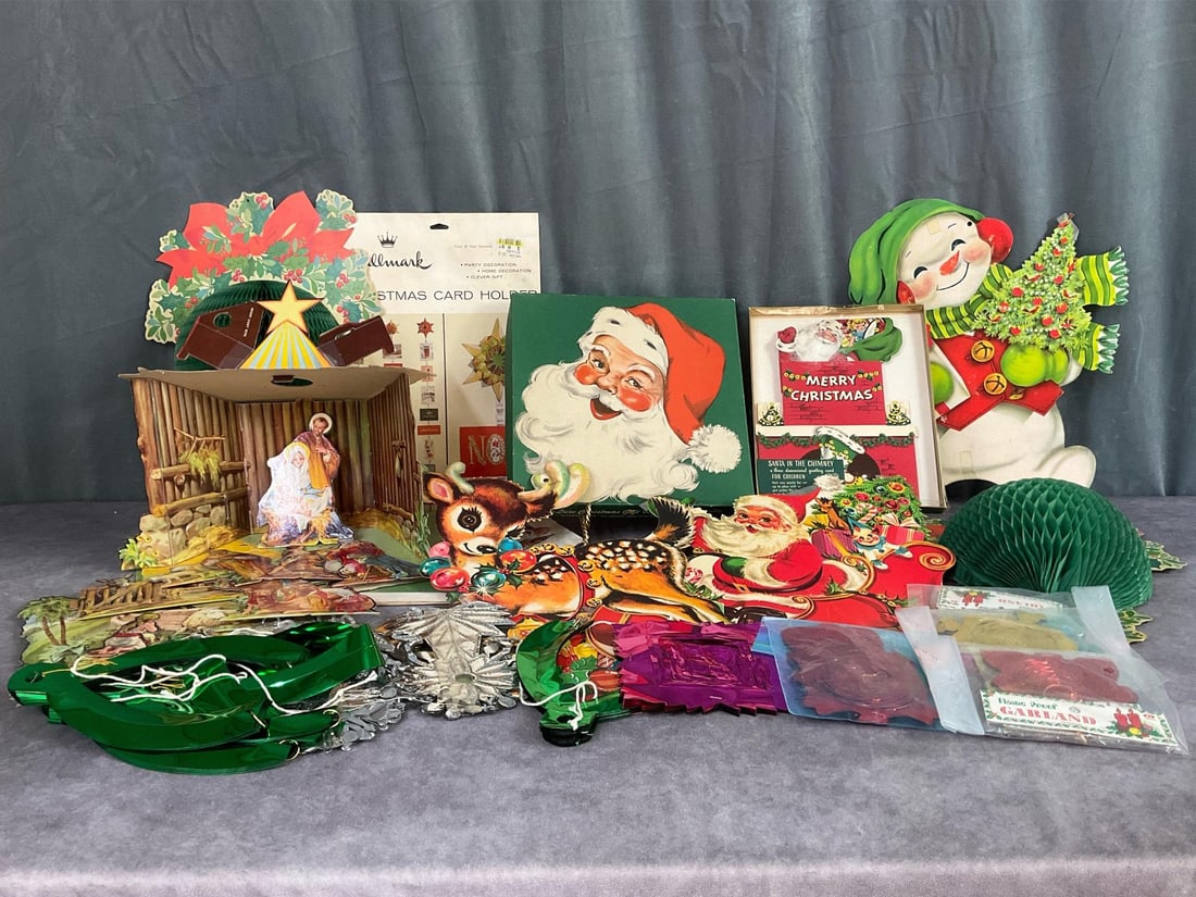 1950's & 1960's Christmas Decor: 3D Santa in chimney card, box of gift wrapping sheets with Santa on them, 3D cardboard Nativity scene, two honeycomb wreaths. Four large die cuts, snowman is 15 inches tall x 12.5 inches wide. Flame p