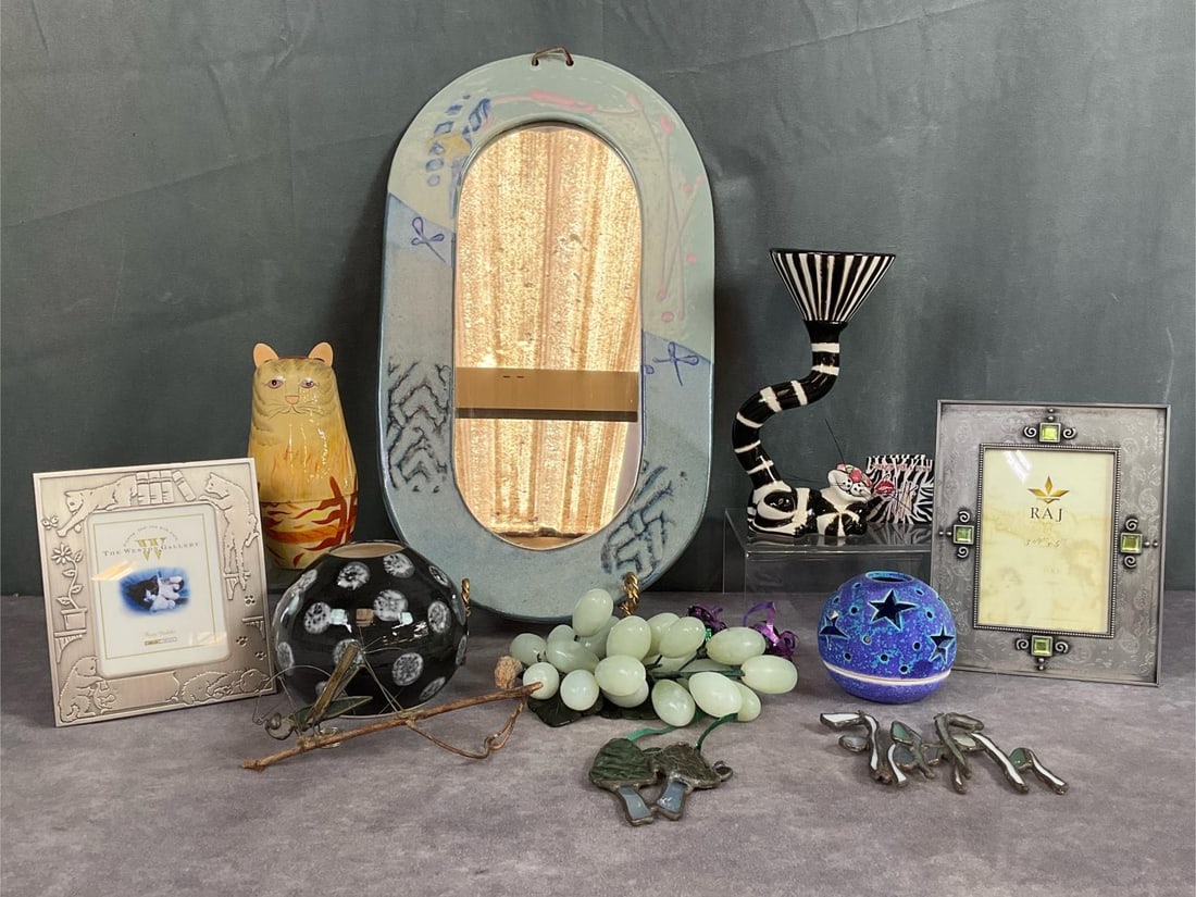 Cat Decor & More: Signed pottery oval mirror, 17.5 inches tall x 10 inches wide, unknown signature. SWAK cat Martini glass, five piece cat nesting dolls, art pottery vase, jade stone grape clusters with leaves, three s