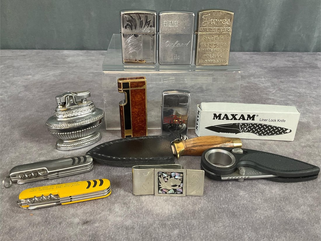 Lighters & Knives: Three Zippo lighters, 1970s engraved case, 1994 Winston Select, and 2009 etched case. Circa 1980 Japan Colibri beam sensor lighter. Thailand jewelers advertising lighter. Alpaca Mexico mother of pearl