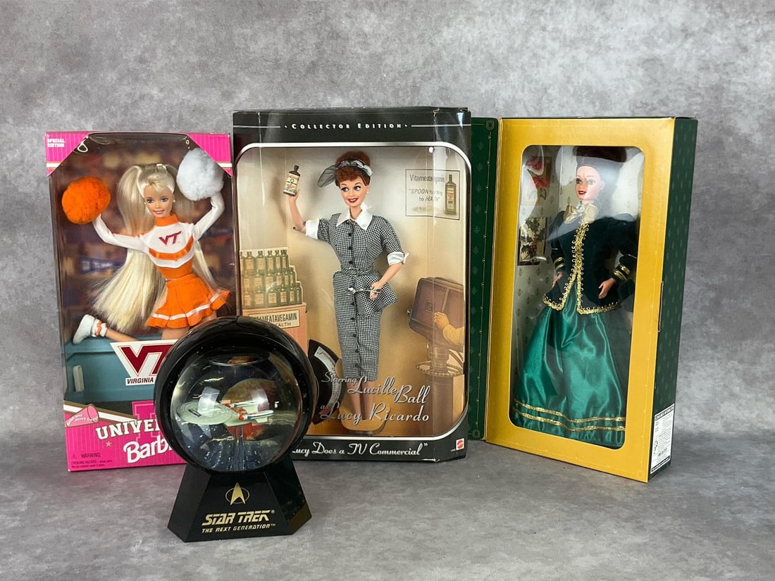1990's Collectible Toys: 1996 special edition Virginia Tech Barbie, 1997 Lucy Barbie, 1996 Yuletide Romance Barbie, all in original boxes. Boxes have wear from storage. Virginia Tech Barbie hair holder has broken. Star Trek l