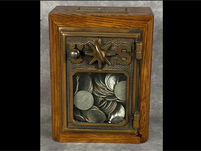 US Post Office Box Door Coin Bank: In good condition, full of quarters. Combination is on bottom. Verdigris on metal front. 4.75 inches wide x 4.5 x 6 inches tall.