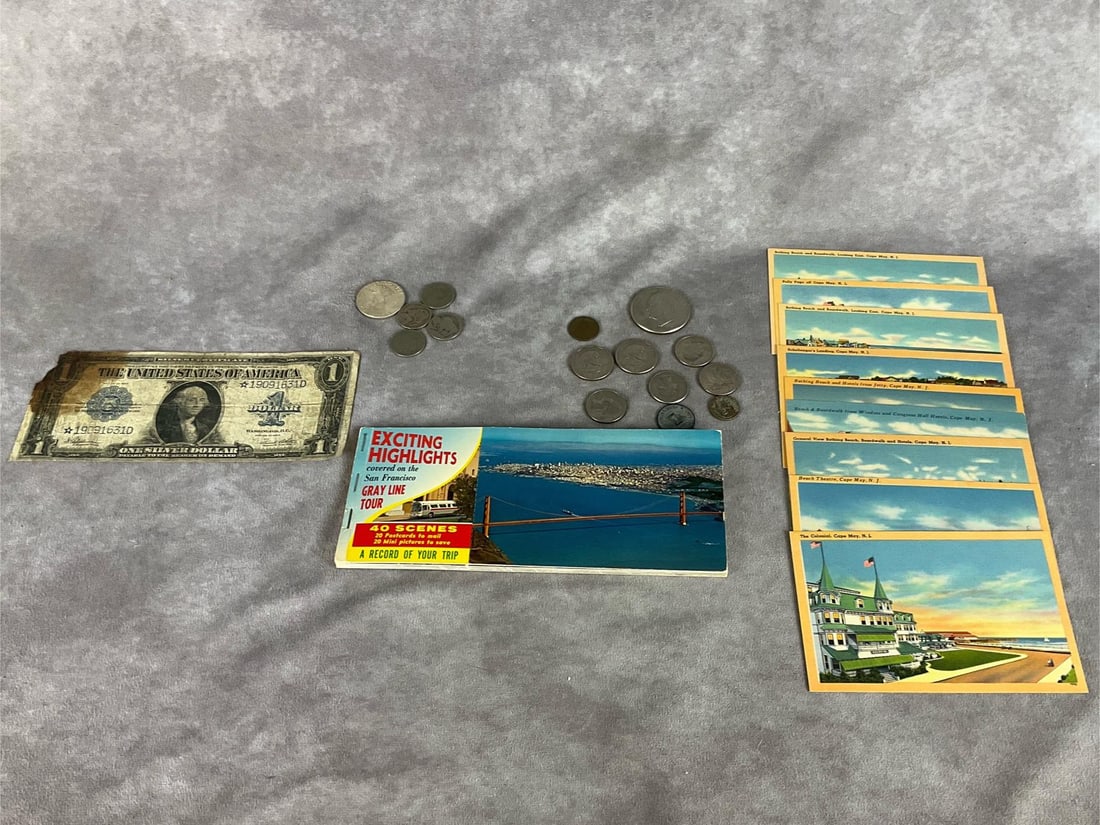 Postcards, Coins and More: Nine individual post cards, Exciting Highlights postcard booklet, various coins including 1961 Franklin Half, buffalo nickel, 1953 nickel and Liberty Head nickel. Silver certificate is in poor conditi