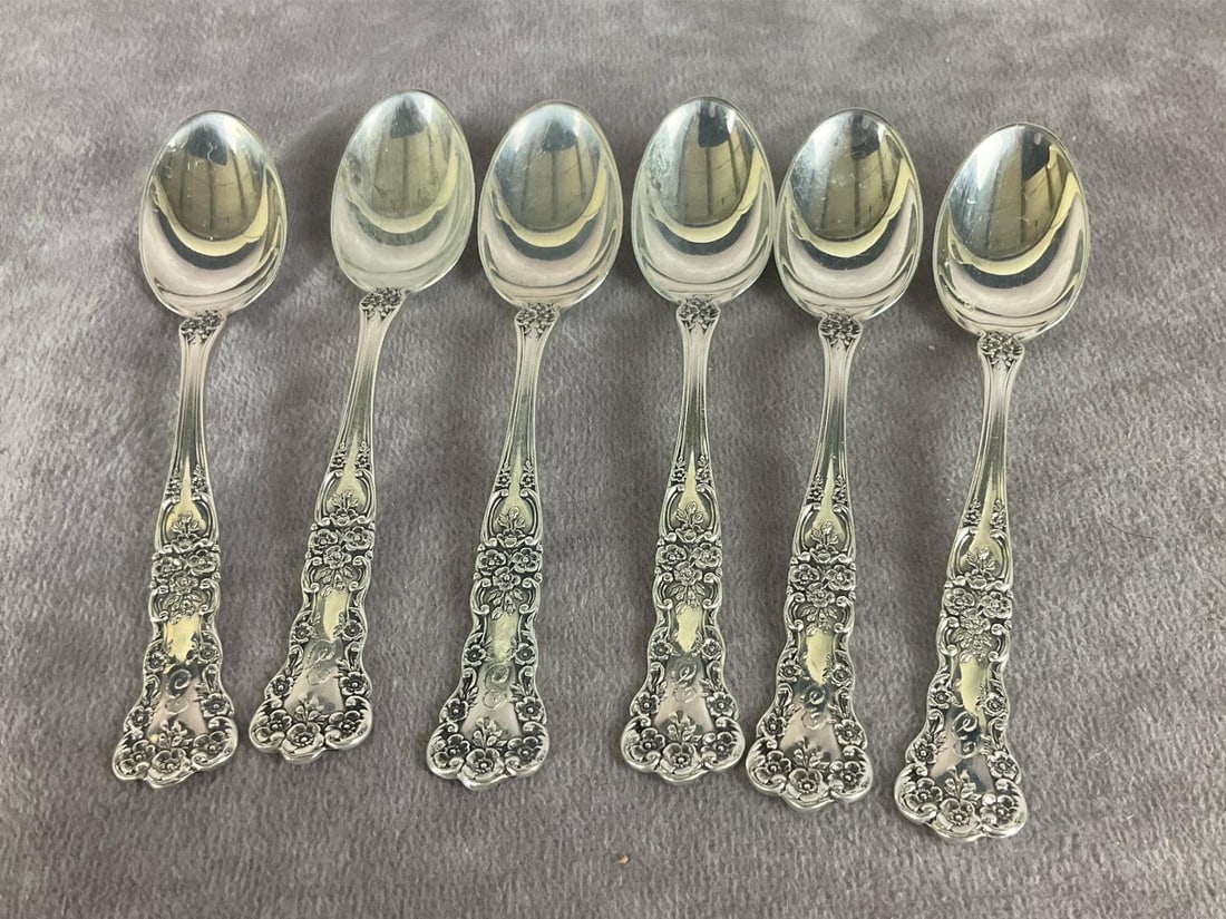 Gorham Buttercup Sterling Demitasse Spoons: Group of 6. Marked sterling. Measures 4 1/4 inches. Light scratches and tarnishing. Monogrammed with E. 2.05 ozt of silver.