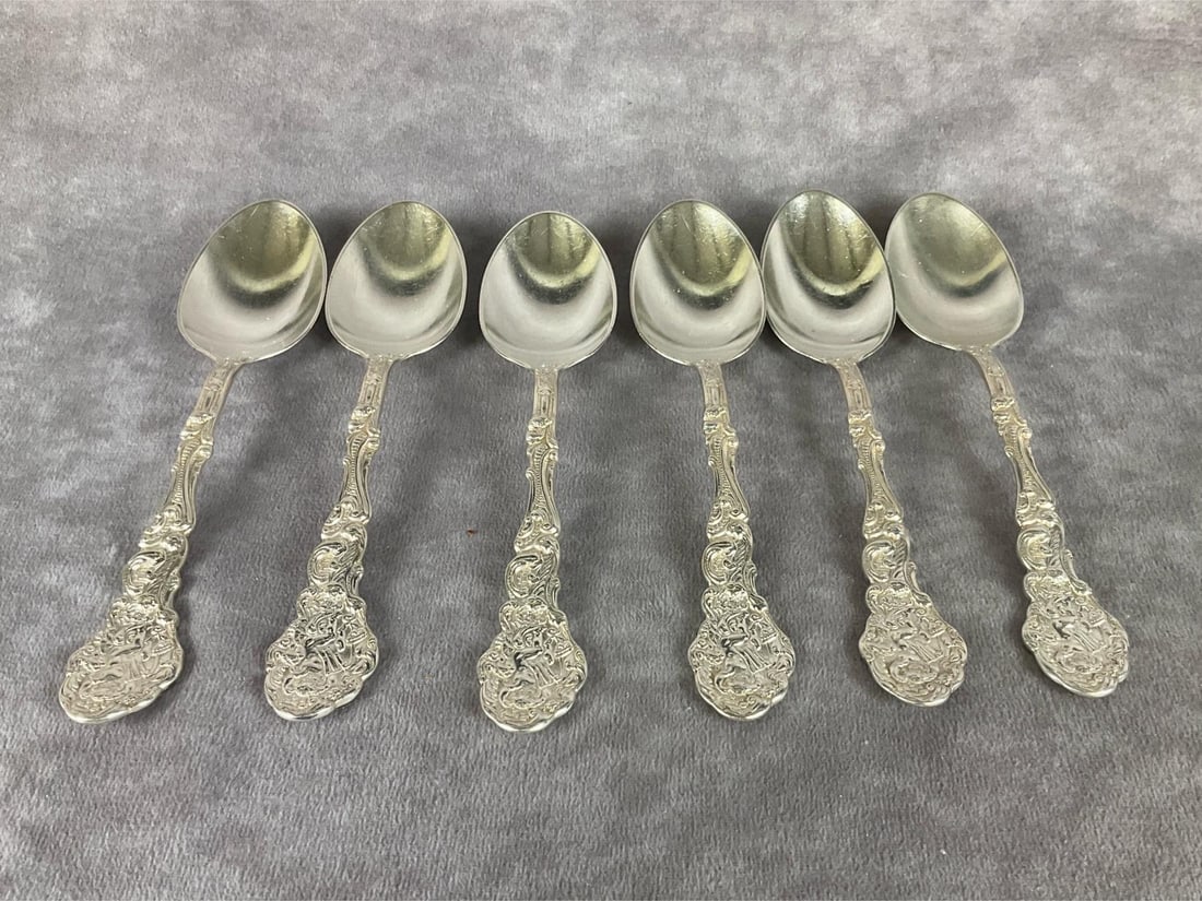 Gorham Versailles Sterling Teaspoons: Group of six. Marked sterling. Measures 7 inches long. Light scratches and tarnishing. Not Monogrammed on back of handle . 6.88 ozt.