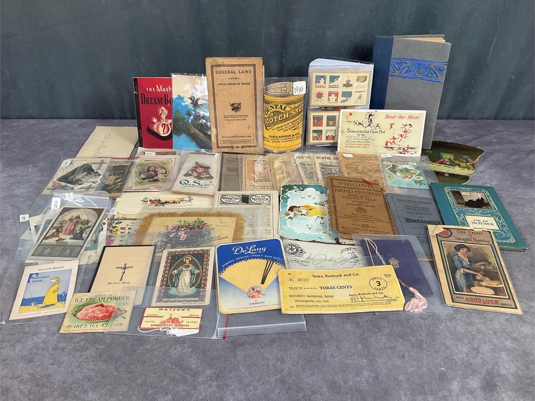Victorian to 1920s Ephemera: Various Scotch Snuff advertising memorandum books, 1923 Moose Lodge General Laws book, 1945 Dream Book to interpret your dreams, vintage Christmas seals and tags book not full, religious ephemera, and