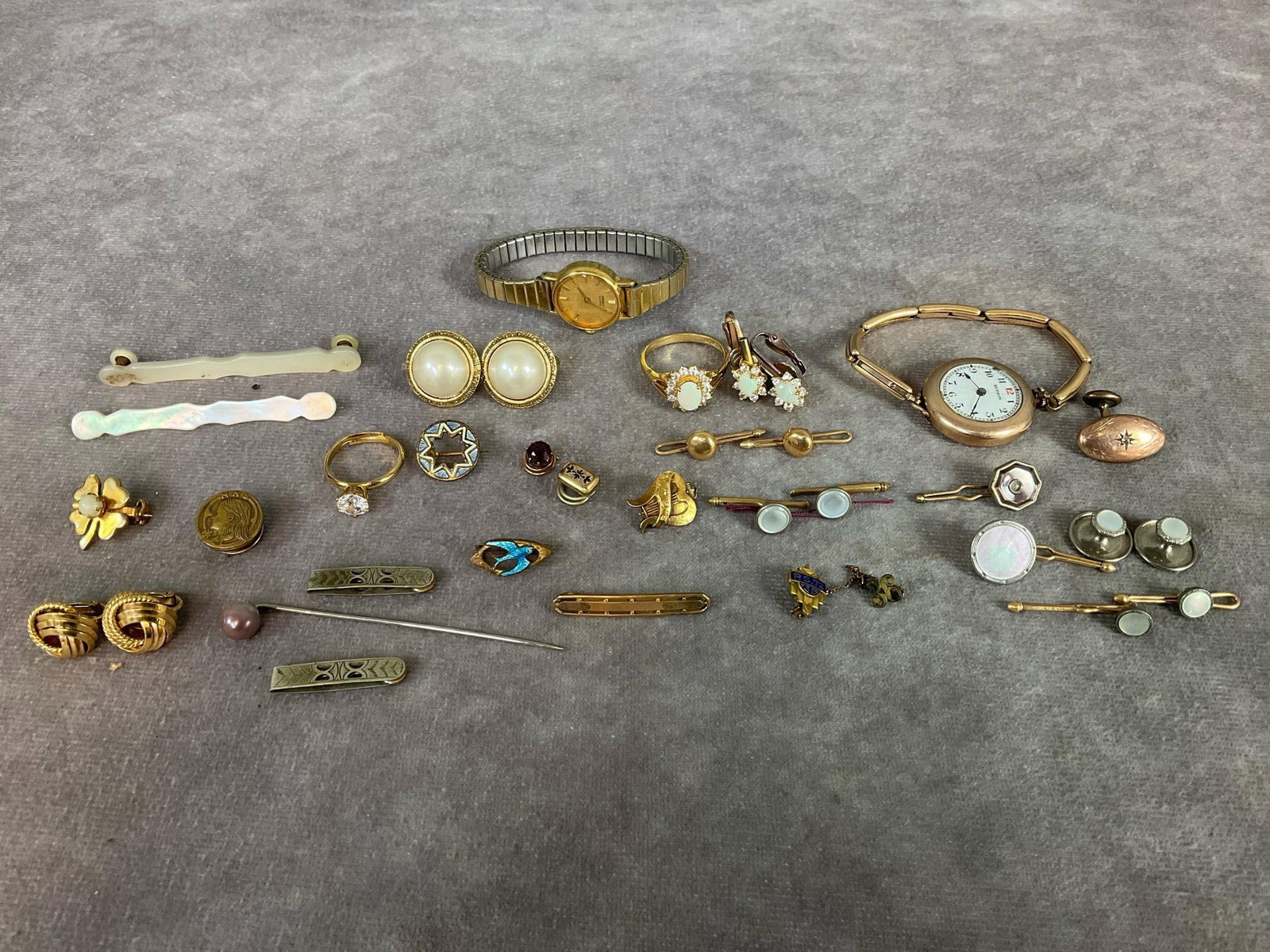 Gold Filled & More Ladies Jewelry: Ring with matching earrings marked 14kt rolled gold electroplate, plated cuff links, and gold filled pins. Victorian enamel pins, lingerie pins, womens cuff buttons, mother of pearl sweater pins, and 