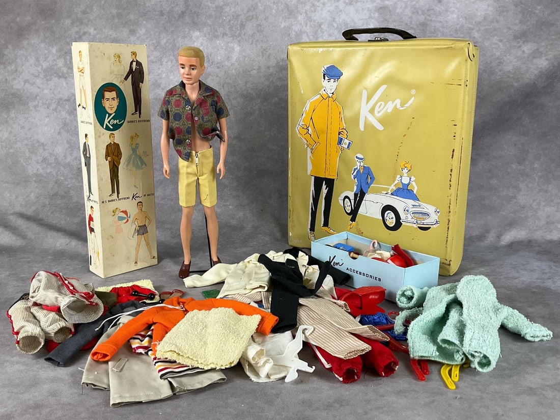 Mattel Ken Doll and Accessories Case: 1962 made Ken doll in original clothing. Comes with 1962 ponytail case and accessories, some are handmade and some are Ken trademarked. Doll is marked Japan and has the signature Ken trademark. Doll m