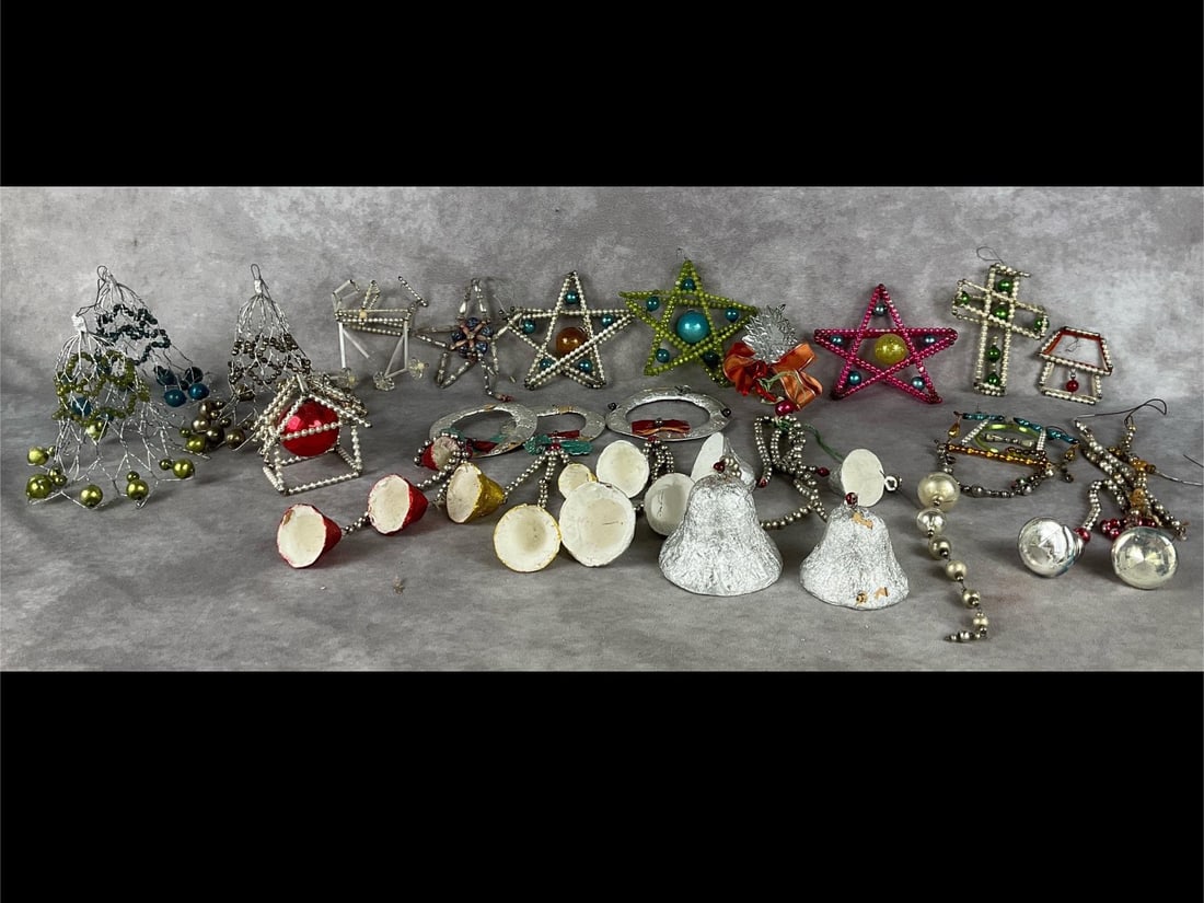 Mercury Bead Ornament Variety: Nineteen ornaments and four sets of paper mache bells. All ornaments have mercury glass and are hand made. Fair to good condition, tallest is 5.5 inches.