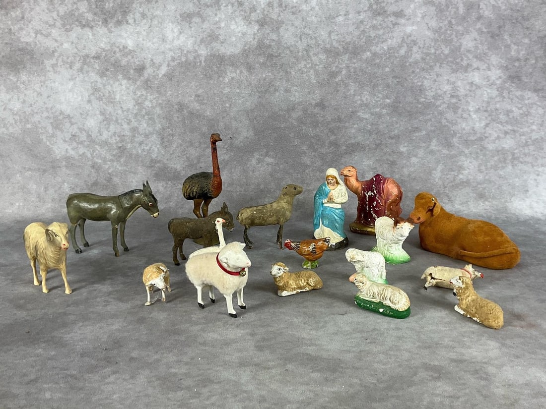 Nativity Animals and More: Total of 18 in plastic, chalkware, plaster, etc. Variety of sheep, Virgin Mary, chicken, German Elastolin ostrich, and ram and donkey. All are in fair condition with repairs, crazing, and paint loss.