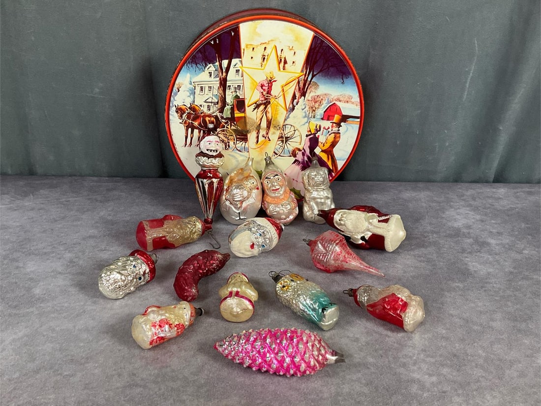 Mercury Glass Christmas Ornaments: Christmas Easter Chick, early silvered glass dog ornament with broken ear, German elf, jester with repainted face. Most are hand blown glass, various ages. West Germany Santa head, small Japan Santa. 