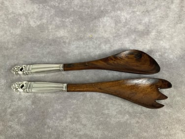 International Sterling Royal Danish Silver and Wood Salad Set