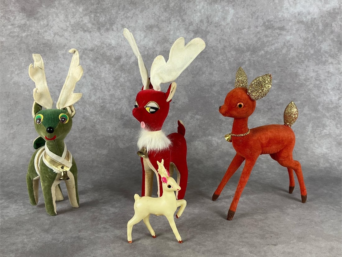 Kitschy Deer: Group of four. Two velvet, one plastic and one flocked. All are in good condition. Tallest with antlers is 11 inches.