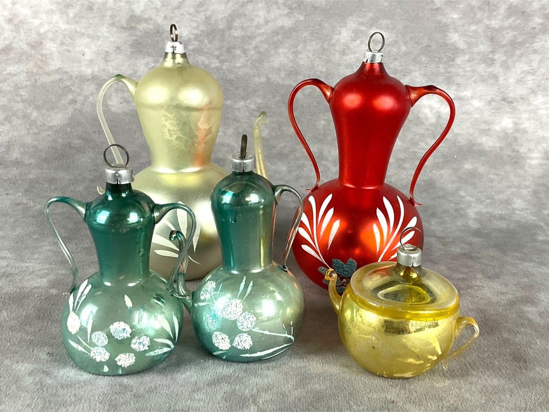 Blown Glass Handle Ornaments.: Group of five. All are Mercury glass, hand painted. Three teapots, and two vases. Tallest measures 4.5 inches. All are in fair to good condition. Smaller blue vase is broken at base.