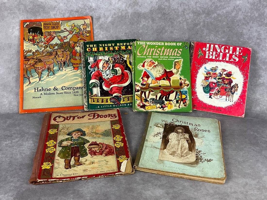 Victorian to 1970's Christmas Books: Out of Doors, Christmas Roses, Hahne and Company Christmas Fun book, 1949 The Night Before Christmas and 1974 Jingle Bells Golden Books, and The Wonder Book of Christmas, which is undated. All books h