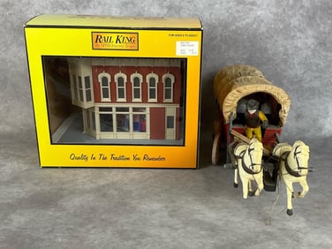 Rail King Corner Building & Covered Wagon