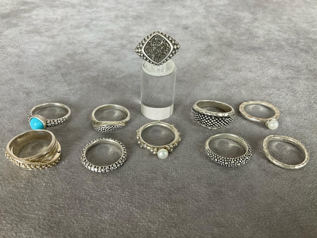 Michael Dawkins Sterling Rings: Total of 10 rings. All marked Michael Dawkins Thailand .925. Sizes 8 to 9.75. Good condition.
