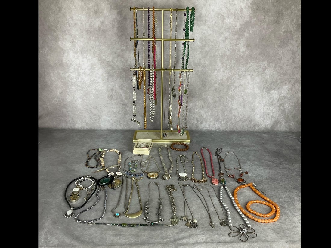 Necklaces & Display: Variety of attractive necklaces with faceted crystal beads, polished stones and fossils, opal, freshwater pearls, etc. Some pendants and chains marked .925. A few bracelets as well. Includes the three