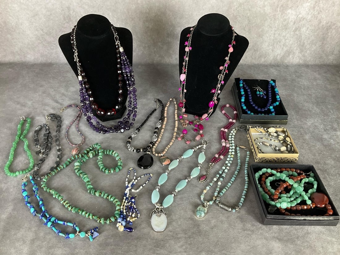 Beaded Necklaces: Amethyst faceted beads, shell in sterling pendant, polished agate beads, and many more lovely pieces. A few pierced earrings as well. Some 925 silver findings. All in good condition.