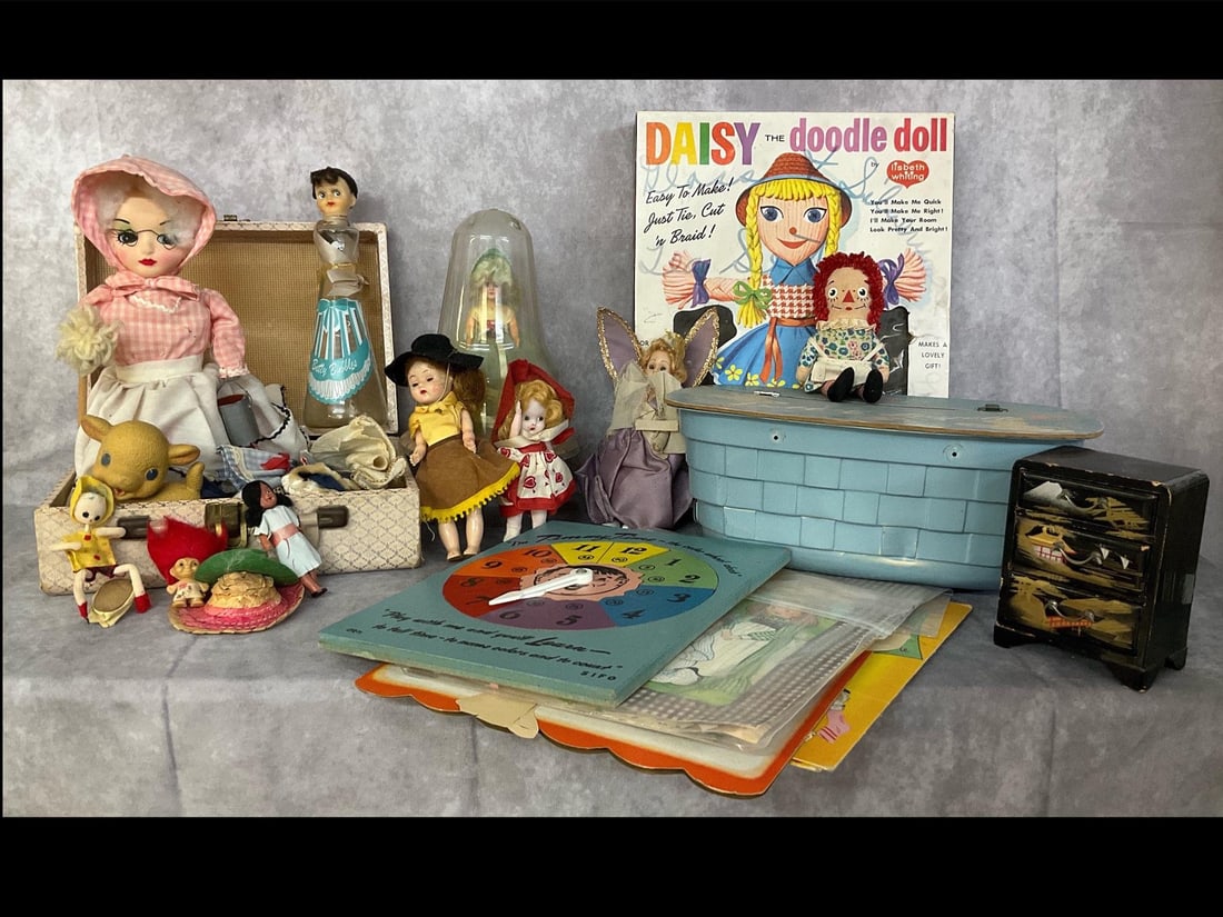 Children's Dolls, Puzzles, Paper Dolls and More: Four sets of paper dolls including Heidi and Peter, Ginghams, Sweetie Pie and Sweetest Baby. May not have all pieces. Daisy the Doodle doll box only. Timmy Time wooden color wheel clock, 13 inch gingh
