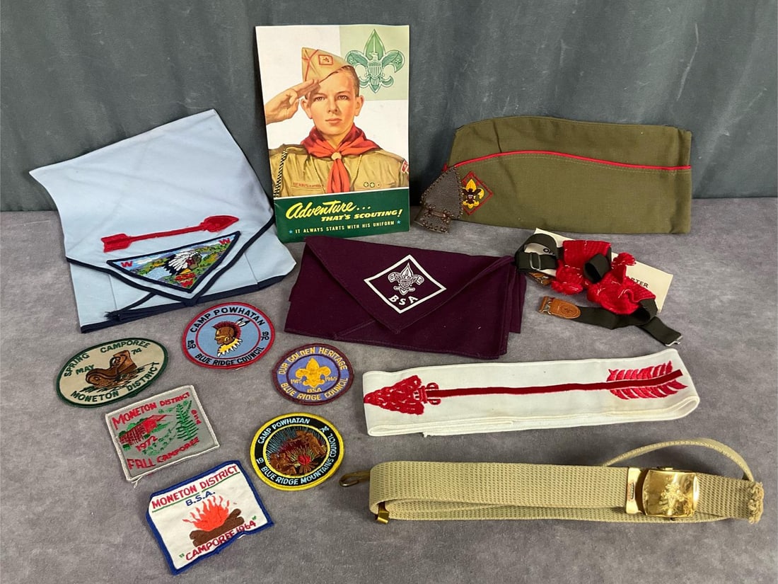 Blue Ridge Council Boy Scout Items: Group of six patches including 1974 Camp Powhatan, Blue Ridge Council, 1972 Moneton, 1964 Camporee and Golden Heritage. All are in good condition. Belt with solid brass buckle measuring 48 inches long