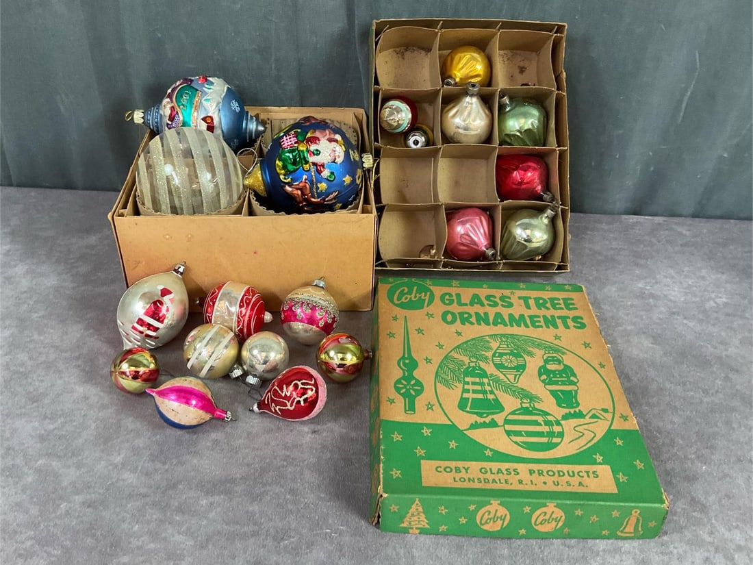 Mercury Glass Ornaments & More: Two Santas Best 2000 and 2001 ornaments, one hand blown glass ball with glitter stripes. 1950s Coby Glass partial box of ornaments, one is broken on the side. Eleven loose ornaments, Shiny Brite, Pola