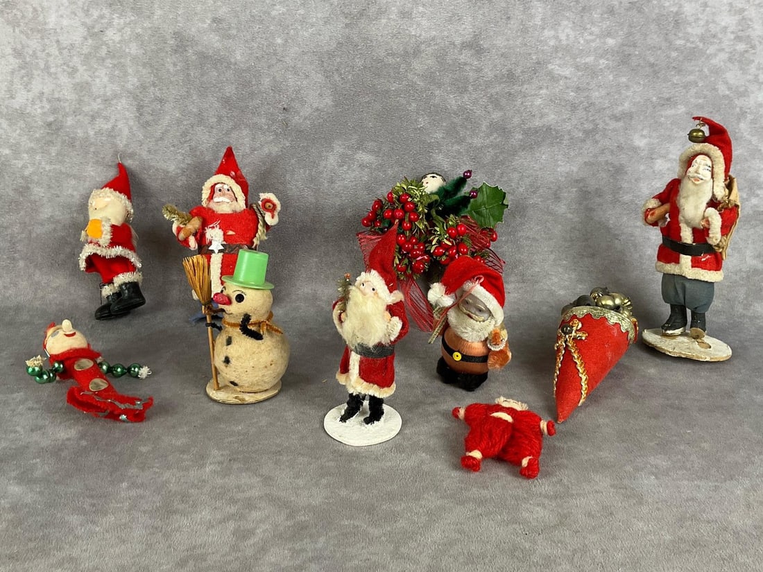Cotton Spun and Chenille Christmas: Lot of ten. Three are marked Japan. Chenille corsage, cotton spun snowman, a felt elf, six Santa's, and a cone ornament. Most are hand painted. Poor to fair condition. There is paint loss, missing lim