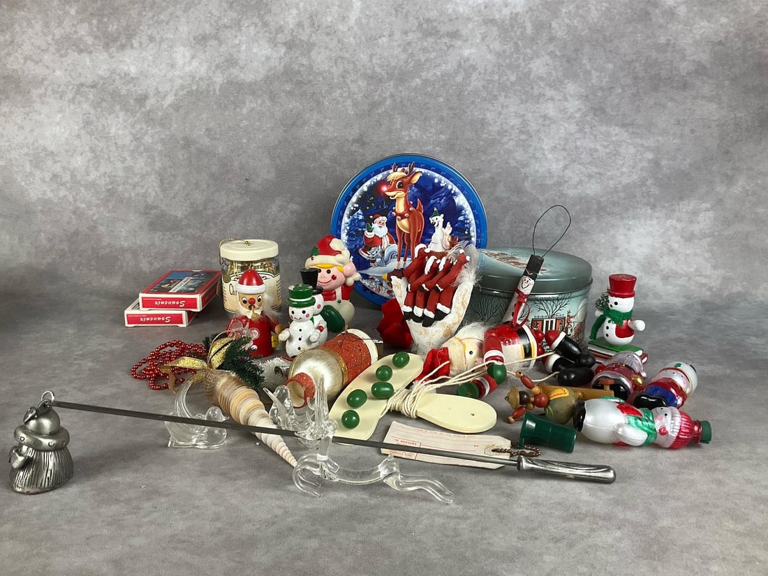 Mid-Century to Modern Christmas: Large lot of ornaments, playing cards, games, tins, and more. Many wooden pieces. All are fair to good condition. Tin measures 6 inches tall.